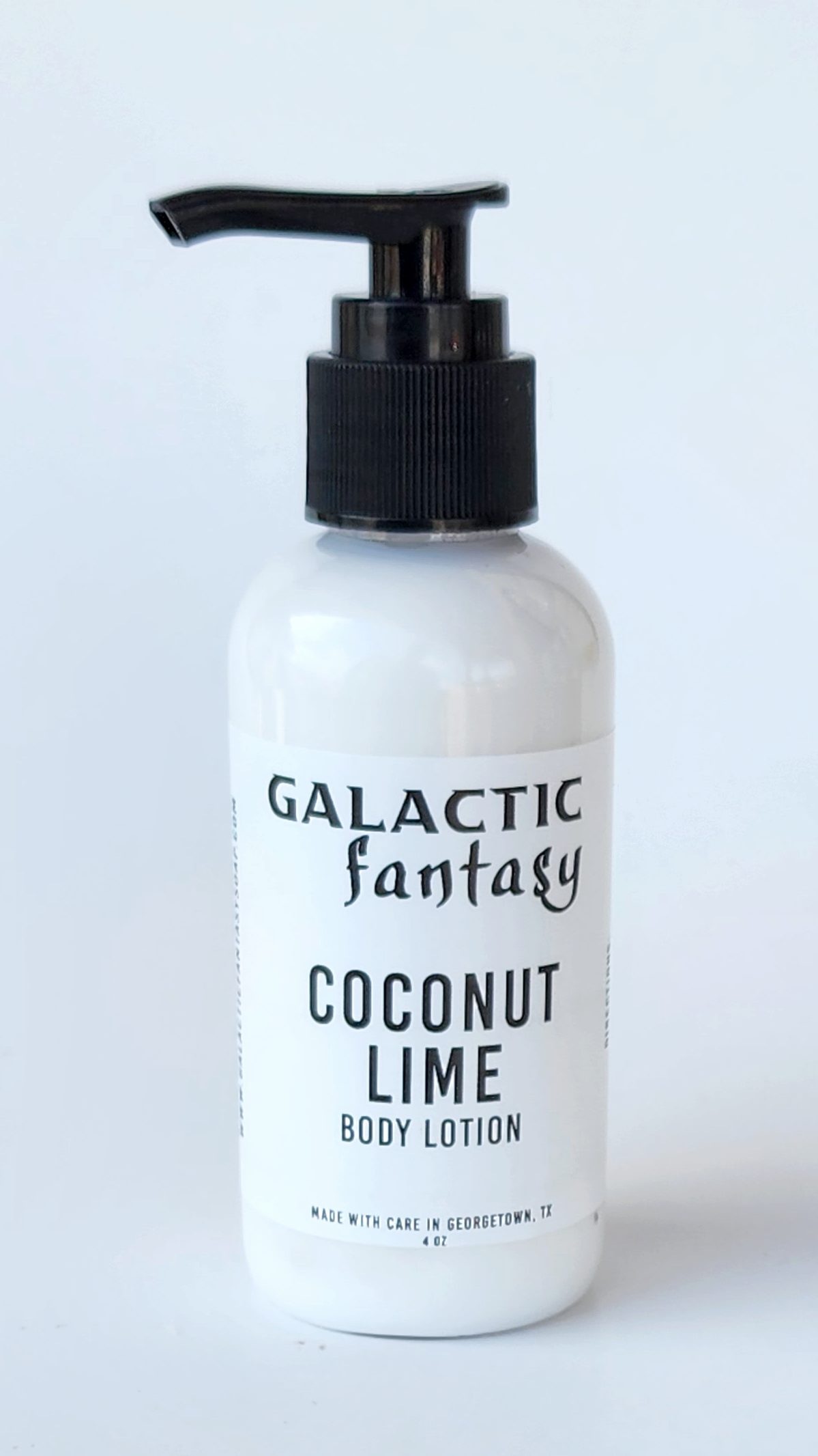 coconut lime body lotion in a clear plastic pump bottle with black locking top