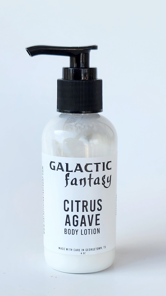 citrus agave body lotion in a clear plastic pump bottle with black locking top